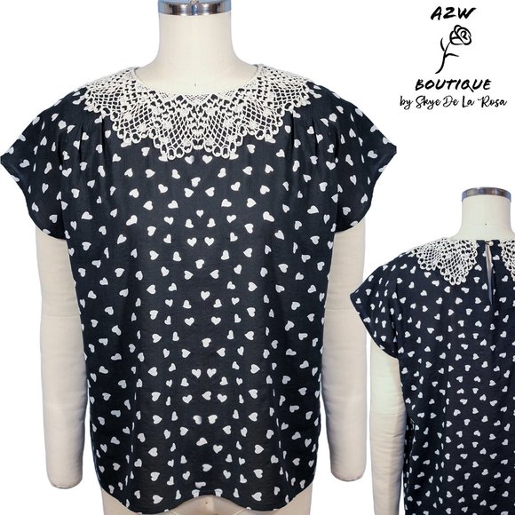 Ruth - Heart Print Cotton Blouse with Up-cycled Collar - Size Medium/Large